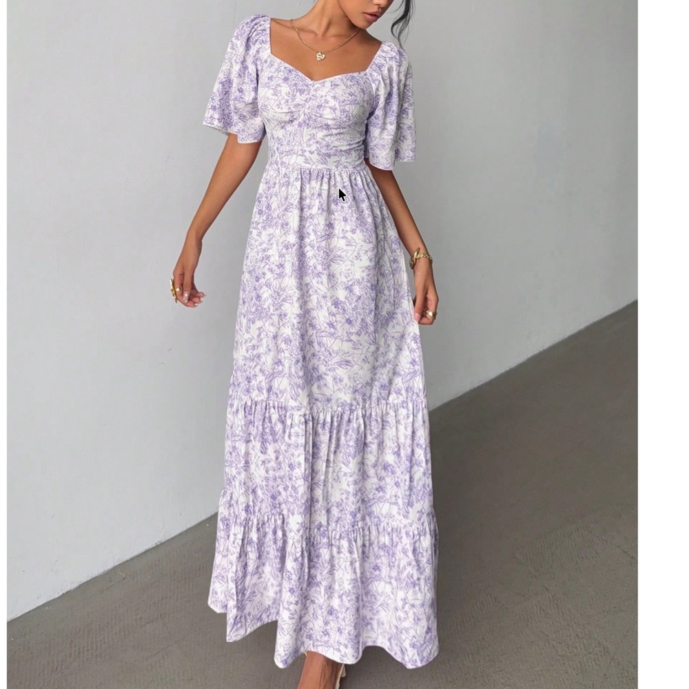 Boho Floral Print Sweetheart Neckline Butterfly Sleeve Maxi Dress - Picture 2 of 3